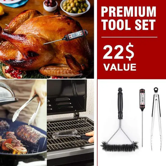 Alt view image 6 of 7 - Gas Grill Cover | Fits Weber Genesis E & S Series Char-Broil 4 Burner | Includes Grill Brush Tongs & Thermometer