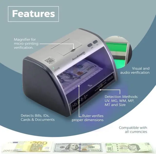 Alt view image 4 of 6 - LED430 6-Point Cash Multi Currency & Card Counterfeit Detector Money Checker with Superbright LED Ultraviolet, Magnetic & Size Detection. Commercial Grade, UL Listed
