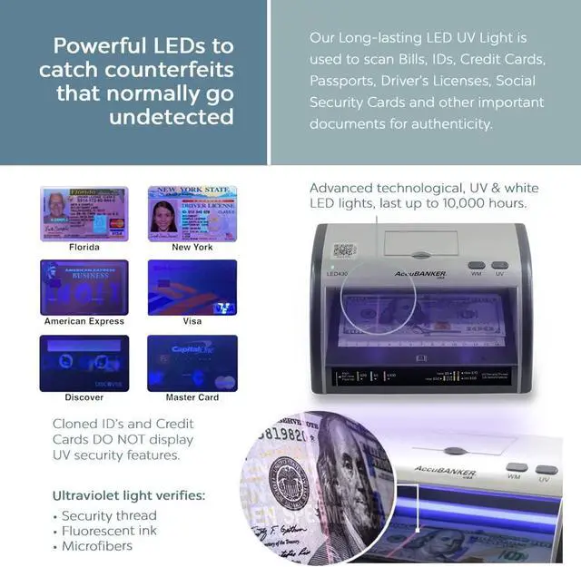 Alt view image 5 of 6 - LED430 6-Point Cash Multi Currency & Card Counterfeit Detector Money Checker with Superbright LED Ultraviolet, Magnetic & Size Detection. Commercial Grade, UL Listed