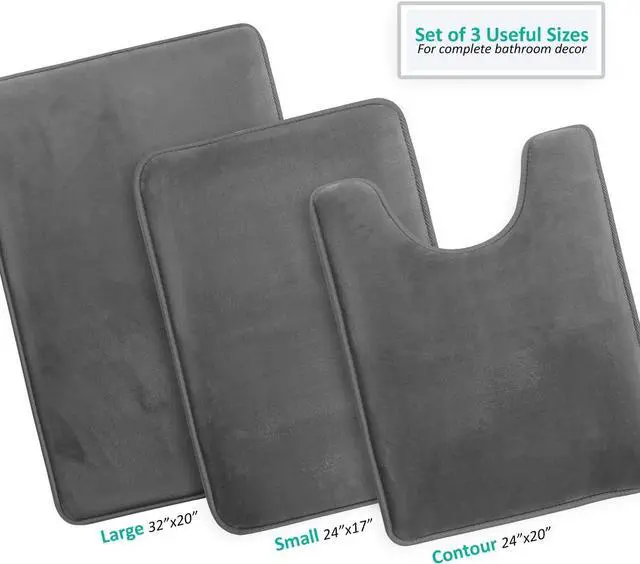 Alt view image 3 of 7 - 3 Piece Bathroom Rugs Bath Mat Set Velvet Memory Foam Bath Mats for Bathroom - Non-Slip PVC Backing Bath Rugs Washable Bathroom Rug Mats - Dries Quickly Grey Bathroom Rug Set
