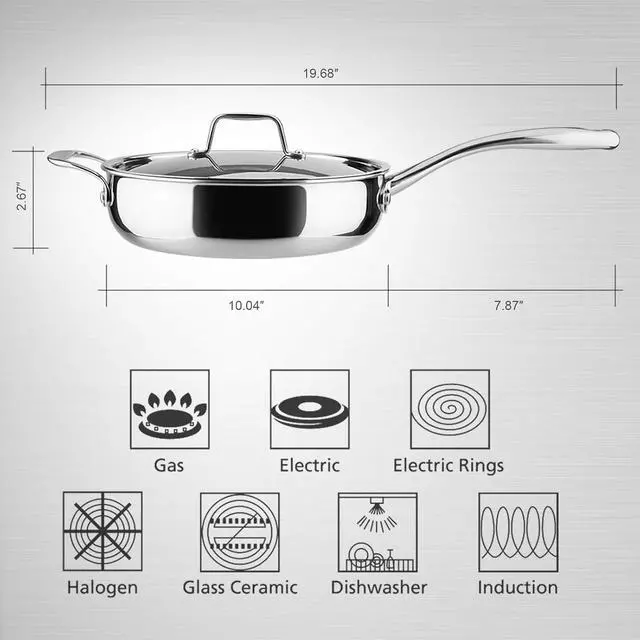 Alt view image 5 of 7 - Duxtop Whole-Clad Tri-Ply Stainless Steel Saute Pan with Lid, 3 Quart, Kitchen Induction Cookware