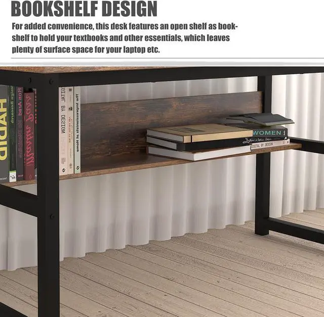 Alt view image 7 of 7 - TOPSKY Computer Desk with Bookshelf/Metal Hole Cable Cover 1.18" Thick Desk (55", Rustic Brown)