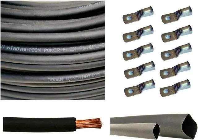 Main image of WNI 4/0 AWG 4/0 Gauge 5 Feet Black Battery Welding Pure Copper Ultra Flexible Cable + 5pcs of 5/16" & 5pcs 3/8" Copper Cable Lug Terminal Connectors + 3 Feet Heat Shrink Tubing