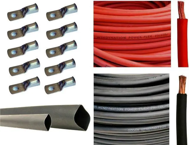 Main image of 4/0 AWG 4/0 Gauge 10 Feet Black + 10 Feet Red Battery Welding Pure Copper Ultra Flexible Cable + 5pcs of 5/16" & 5pcs 3/8" Copper Cable Lug Terminal Connectors + 3 Feet Heat Shrink Tubing