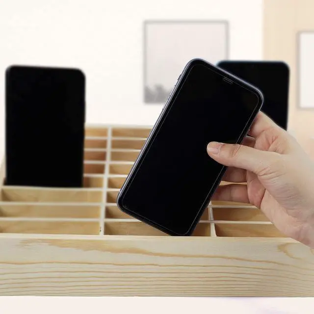 Alt view image 5 of 6 - 36-Grid Wooden Cell Phone Holder Desktop Organizer | Storage Box, Cell Phone Rack Display, Phone Caddy Storage for Classroom Office Meeting Room