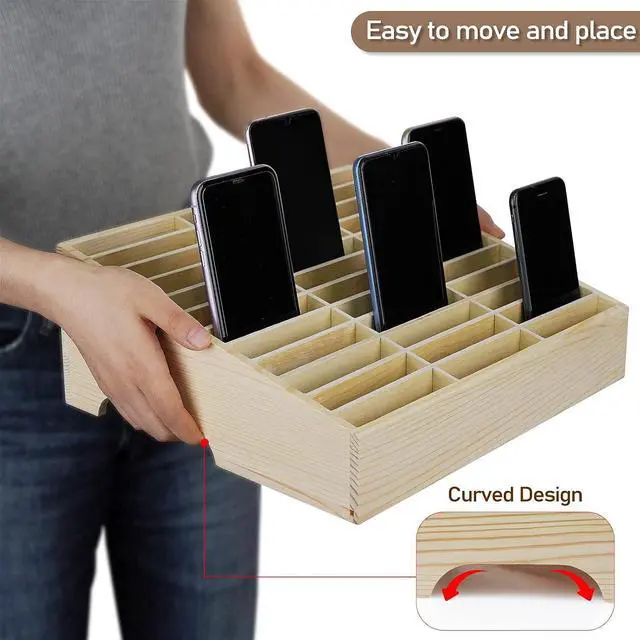 Alt view image 6 of 6 - 36-Grid Wooden Cell Phone Holder Desktop Organizer | Storage Box, Cell Phone Rack Display, Phone Caddy Storage for Classroom Office Meeting Room