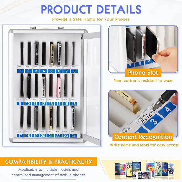 Alt view image 4 of 6 - 24 Slots Aluminum Alloy Cell Phone Locker, Phone Holder for Classroom | Cell Phone Lock Box, Wall-Mounted Phone Holder with a Locked, Phone Storage Cabinet, Can be Carried by Hand