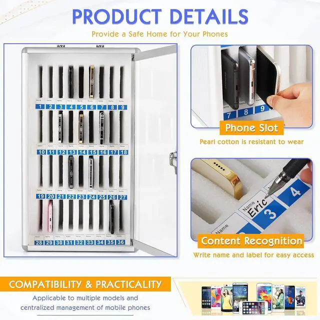 Alt view image 4 of 6 - 36 Slots Aluminum Alloy Cell Phone Locker, Phone Holder for Classroom | Cell Phone Lock Box, Wall-Mounted Phone Holder with a Locked, Phone Storage Cabinet, Can be Carried by Hand