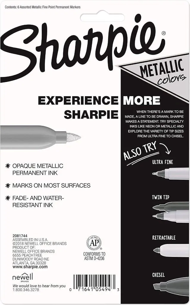 Alt view image 7 of 7 - Sharpie Metallic Permanent Markers, Fine Point, Assorted Metallic, 6 Count