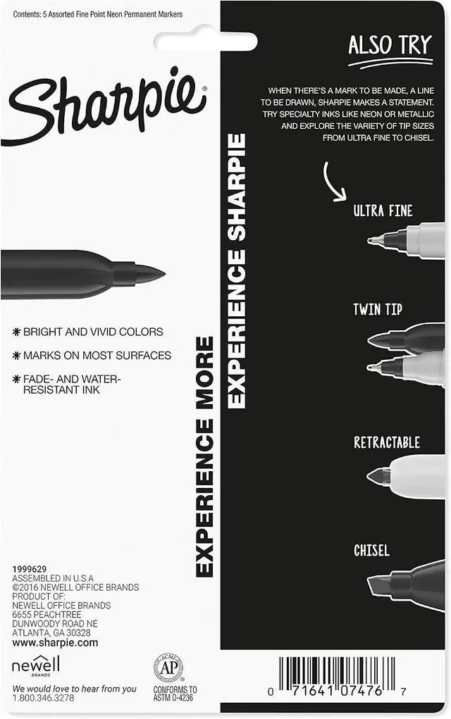 Alt view image 5 of 5 - Sharpie 1874447 Neon Permanent Markers, Fine Point, Assorted Colors, 5 Count