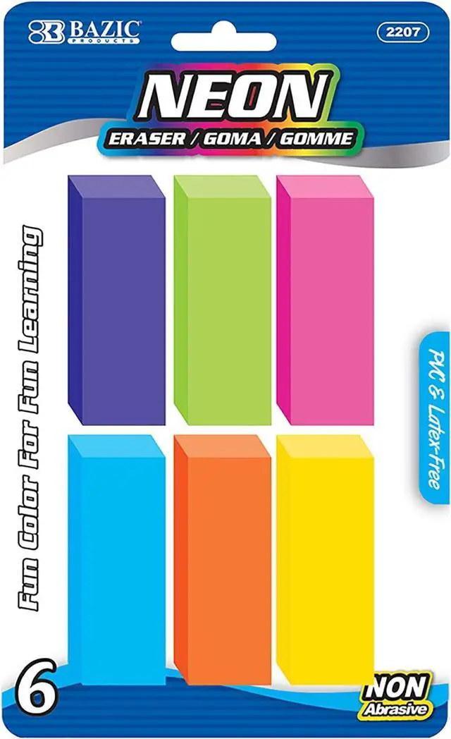 Main image of BAZIC Neon Bevel Eraser (6/Pack) | Soft latex-free, Neon beveled block erasers, PVC-free rubber, Clean erase, Smudge-resistant, School, Home, Art