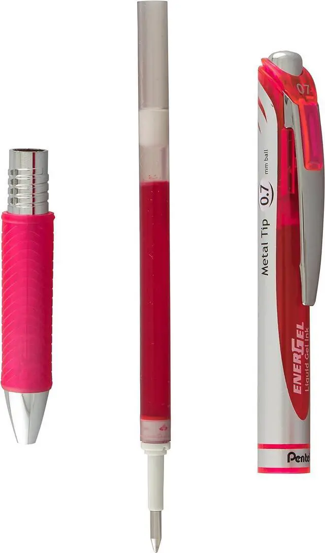 Alt view image 5 of 7 - Pentel EnerGel RTX Retractable Liquid Gel Pen, Medium Line, Metal Tip, Pink/Violet Ink, 2-Pack (BL77BP2PV)