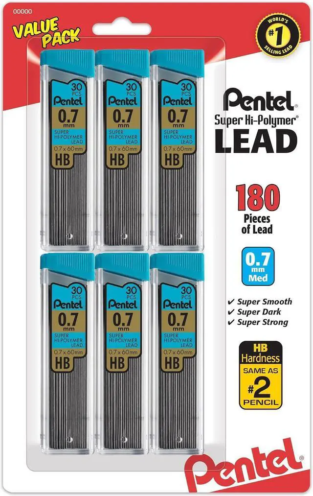 Main image of Pentel Super Hi-Polymer Refills, 0.7 mm Medium, HB, 180 Pieces of Lead (C27BPHB6)