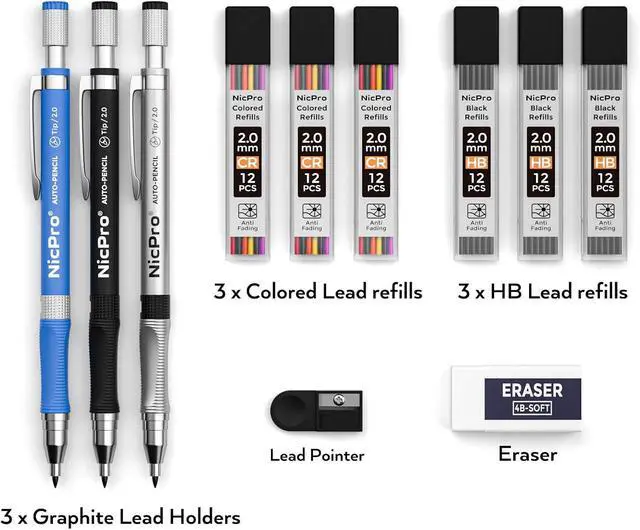 Alt view image 7 of 7 - Nicpro 11 Pieces Colors 2mm Mechanical Pencil Set 3 PCS Carpenter Drafting