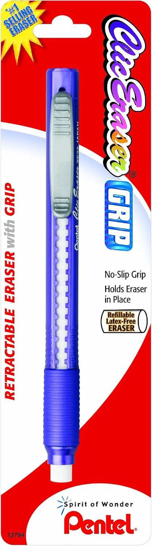 Alt view image 3 of 3 - Pentel Clic Eraser Grip Retractable Eraser with Grip, Assorted Barrels, 1 Pack (ZE21TBP)
