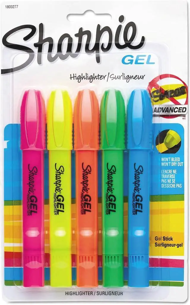 Main image of Sharpie Gel Highlighters, Assorted Colors, Smear-Resistant, Bullet Tip, 5 Count - No Bleed, Won't Dry Out