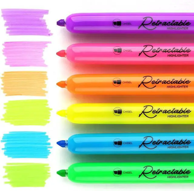 Alt view image 3 of 7 - WRITECH Retractable Highlighters Assorted Colors: Chisel Tip Click Aesthetic Highlighter Marker Pens Pack Multi Colored Ink No Bleed Smear for Highlighting Journaling (6ct Neon)