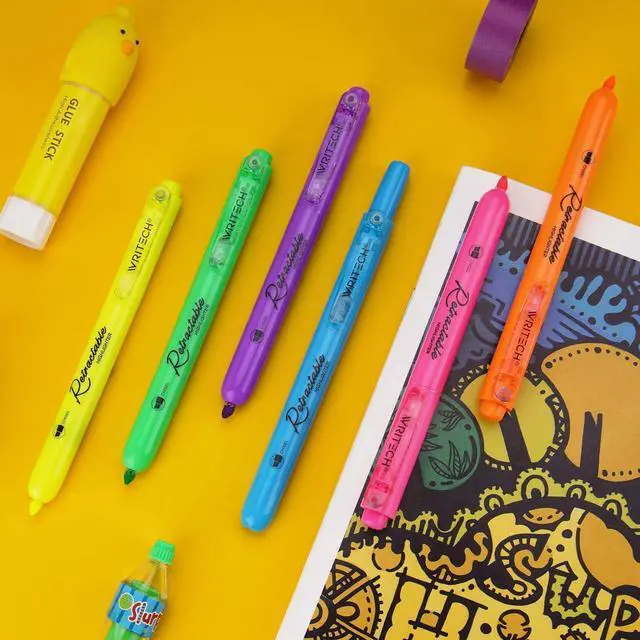 Alt view image 4 of 7 - WRITECH Retractable Highlighters Assorted Colors: Chisel Tip Click Aesthetic Highlighter Marker Pens Pack Multi Colored Ink No Bleed Smear for Highlighting Journaling (6ct Neon)