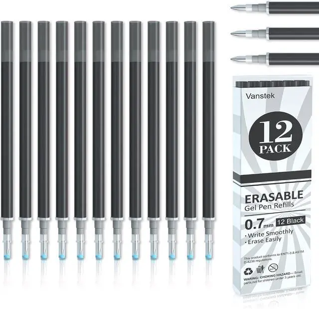 Main image of Vanstek 12 Black Erasable Gel Pen Refills, Gel Ink Refills Compatible with Erasable Pens, Fine Point 0.7 mm, Perfect for Writing Planner & Crossword Puzzles