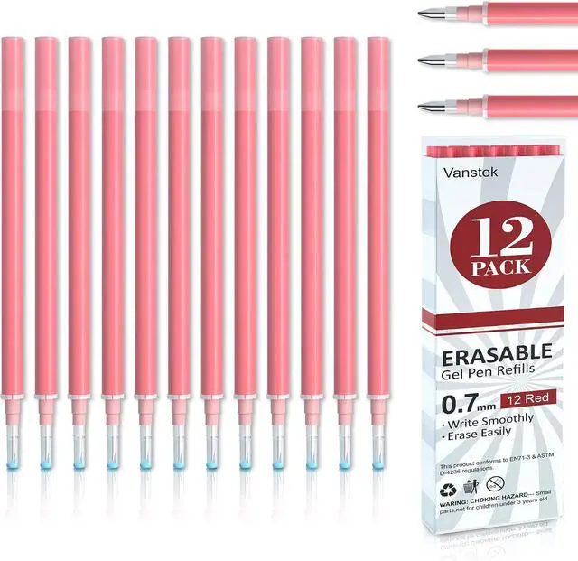 Main image of Vanstek 12 Red Erasable Gel Pen Refills, Gel Ink Refills Compatible with Erasable Pens, Fine Point 0.7 mm, Perfect for Writing Planner & Crossword Puzzles