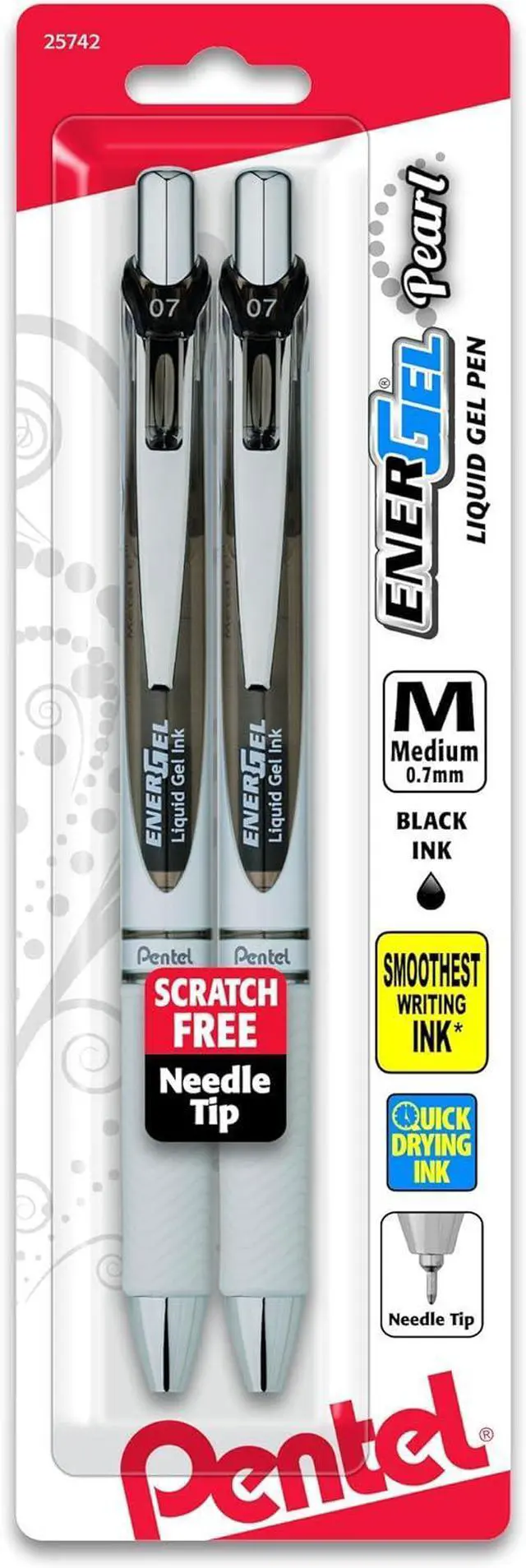 Main image of Pentel EnerGel Pearl RTX Retractable Liquid Gel Pen, (0.7mm), Medium Line, Needle Tip, Black Ink, Pack of 2 (BLN77WBP2A)