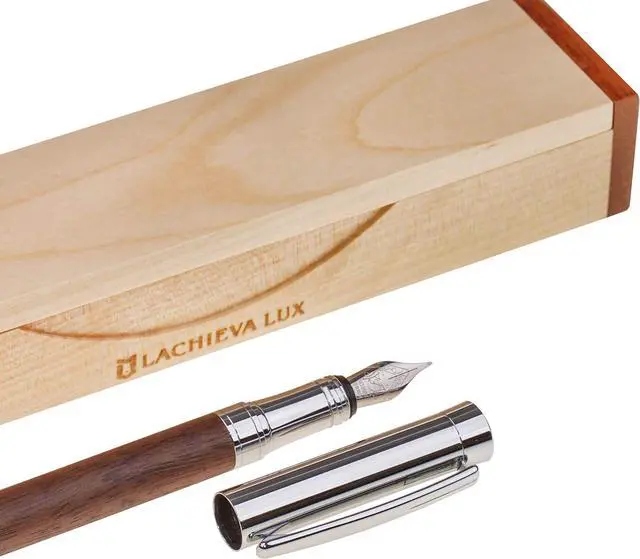 Main image of LACHIEVA LUX Walnut Fountain Pen, German Fine Nib, Smooth Ink Flow, Wooden Gift Box with Converter & 2 Cartridges, Fancy Pen for Men and Women
