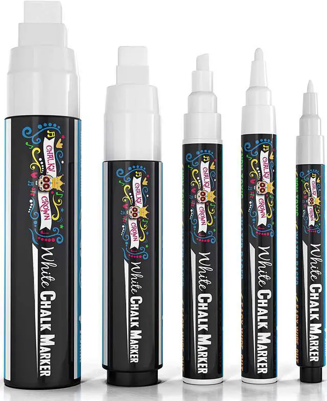 Main image of CHALKY CROWN White Liquid Chalk Markers - 5 Pack (1, 3, 6, 10, 15mm)