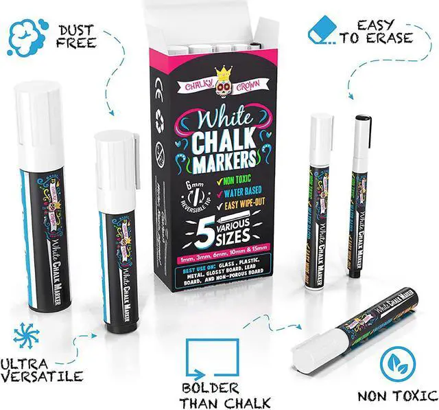 Alt view image 3 of 7 - CHALKY CROWN White Liquid Chalk Markers - 5 Pack (1, 3, 6, 10, 15mm)