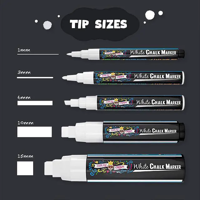 Alt view image 4 of 7 - CHALKY CROWN White Liquid Chalk Markers - 5 Pack (1, 3, 6, 10, 15mm)