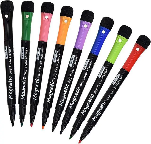 Main image of Magnetic Dry Erase Markers, (8 Pack) Dealkits Low Odor White Board Markers Whiteboard Markers with Erasers for Kids Teacher Supplies for Classroom Work on White Board, Calender, Fine Tip Point