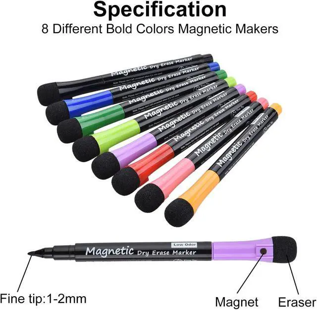 Alt view image 2 of 6 - Magnetic Dry Erase Markers, (8 Pack) Dealkits Low Odor White Board Markers Whiteboard Markers with Erasers for Kids Teacher Supplies for Classroom Work on White Board, Calender, Fine Tip Point