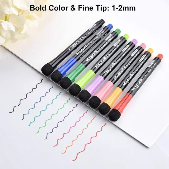 Alt view image 3 of 6 - Magnetic Dry Erase Markers, (8 Pack) Dealkits Low Odor White Board Markers Whiteboard Markers with Erasers for Kids Teacher Supplies for Classroom Work on White Board, Calender, Fine Tip Point