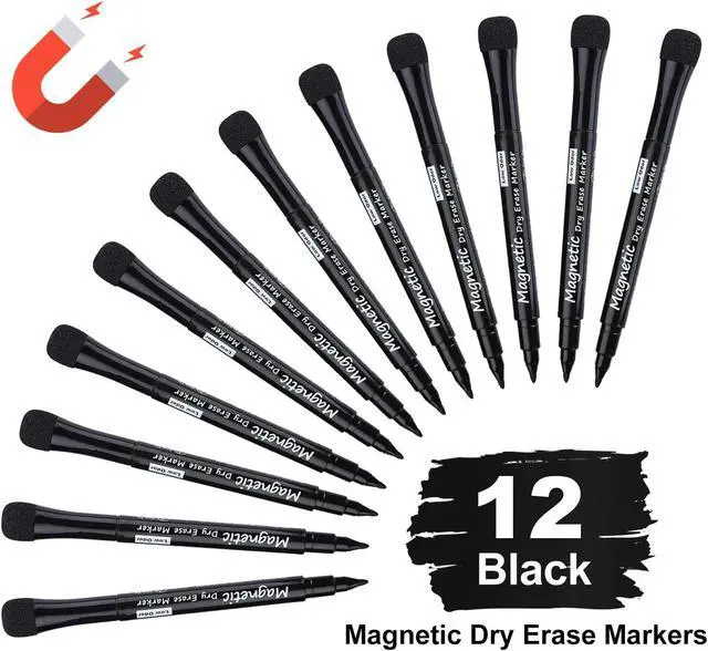 Alt view image 7 of 7 - Browill Magnetic Dry Erase Markers, (12 pk) Dealkits Low Odor White Board Markers with Erasers for Kids Teacher Supplies for Classroom Work on White Board, Calender, Fine Tip Point, Black