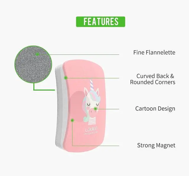 Alt view image 2 of 7 - loukin Kids Magnetic Dry Erase Erasers, Mini Whiteboard Eraser 2 Pack, Pink | Cute Printed Design, Safe ABS & Microfiber, Easy Grip, Portable Design, Magnetic Storage, Smooth Erasing