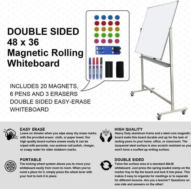 Alt view image 2 of 7 - Double-Sided Mobile Whiteboard Magnet Dry Erase Board on Wheels - Anum Frame Magnetic Portable Stand Whiteboard- 48"x36" Rolling White Boards with Easy Flip Feature by DT