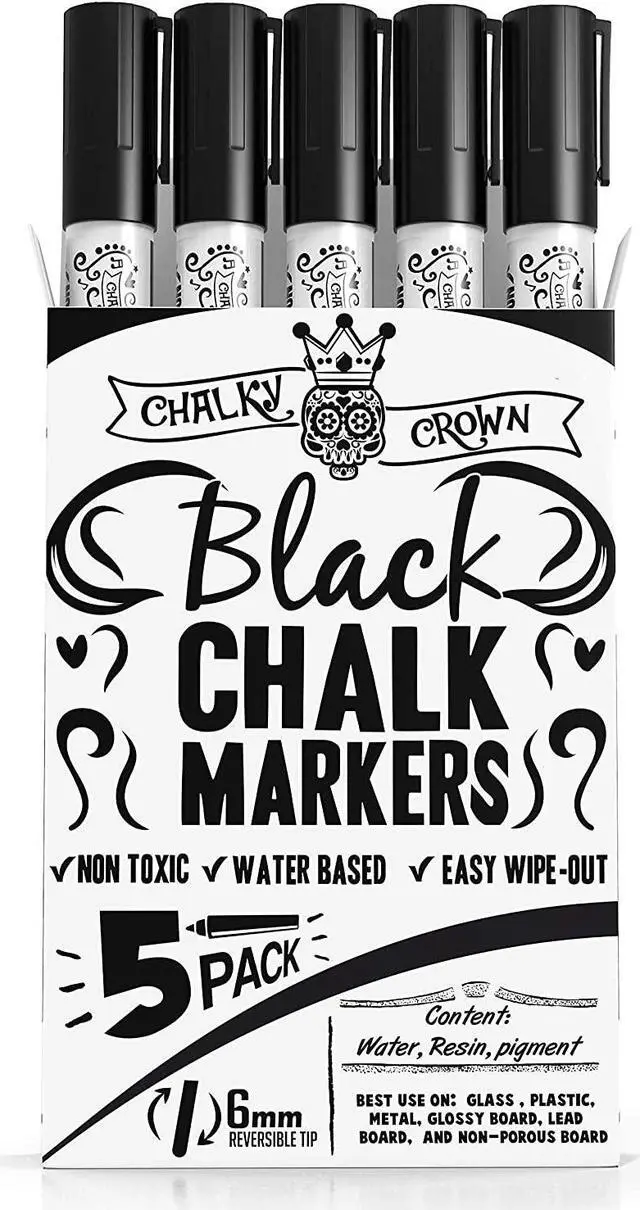 Main image of CHALKY CROWN Black Liquid Chalk Markers - Black - 5 Pack, 6mm Tip | Bold Black Ink for Chalkboard Signs, Windows & Glass - Reversible 6mm Chisel & Bullet Tip - Easy Wet Wipe Erasable