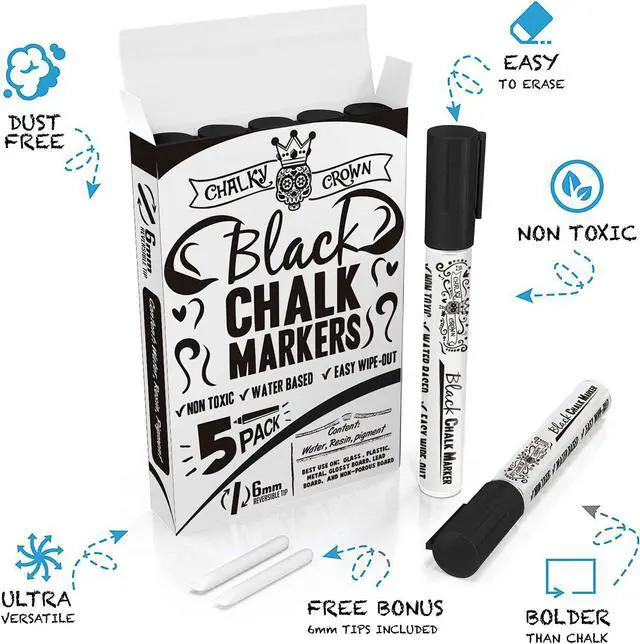 Alt view image 2 of 7 - CHALKY CROWN Black Liquid Chalk Markers - Black - 5 Pack, 6mm Tip | Bold Black Ink for Chalkboard Signs, Windows & Glass - Reversible 6mm Chisel & Bullet Tip - Easy Wet Wipe Erasable