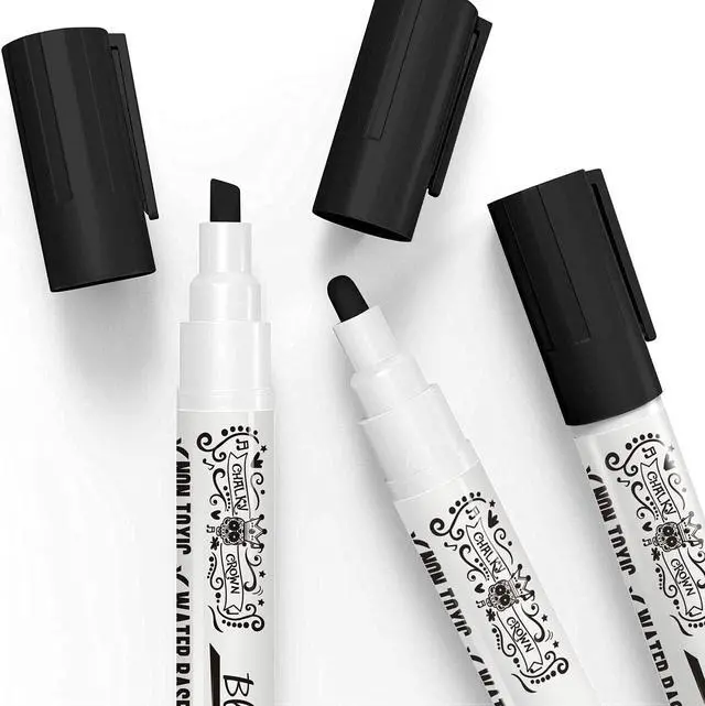 Alt view image 3 of 7 - CHALKY CROWN Black Liquid Chalk Markers - Black - 5 Pack, 6mm Tip | Bold Black Ink for Chalkboard Signs, Windows & Glass - Reversible 6mm Chisel & Bullet Tip - Easy Wet Wipe Erasable