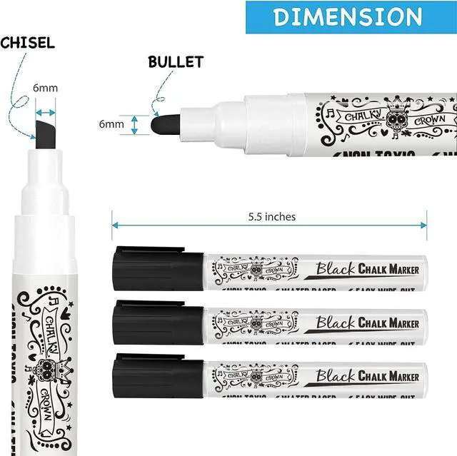Alt view image 5 of 7 - CHALKY CROWN Black Liquid Chalk Markers - Black - 5 Pack, 6mm Tip | Bold Black Ink for Chalkboard Signs, Windows & Glass - Reversible 6mm Chisel & Bullet Tip - Easy Wet Wipe Erasable