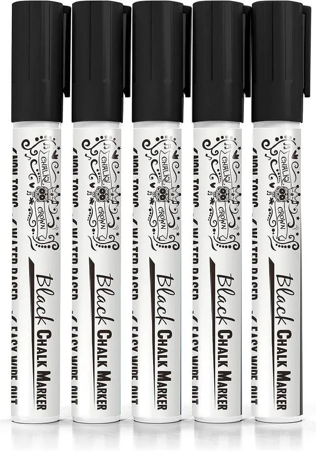Alt view image 7 of 7 - CHALKY CROWN Black Liquid Chalk Markers - Black - 5 Pack, 6mm Tip | Bold Black Ink for Chalkboard Signs, Windows & Glass - Reversible 6mm Chisel & Bullet Tip - Easy Wet Wipe Erasable