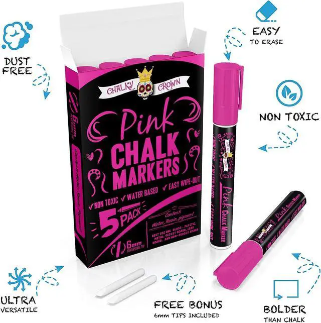 Alt view image 2 of 6 - CHALKY CROWN Pink Liquid Chalk Markers - Pink - 5 Pack, 6mm Tip