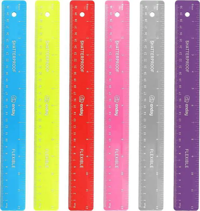 Main image of Emraw 12 inches (30 cm) Shatterproof Flexible Rulers Designed in Black, Blue, Green, Pink, Purple, and Orange - Great for School, Home, & Office (6 Pack)