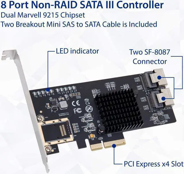 Alt view image 2 of 6 - Syba 8 Port SATA III Non-RAID PCI-e x4 Expansion Card Supports FreeNAS and ZFS RAID - Includes Mini SAS to SATA Breack Out Cables (SI-PEX40137)