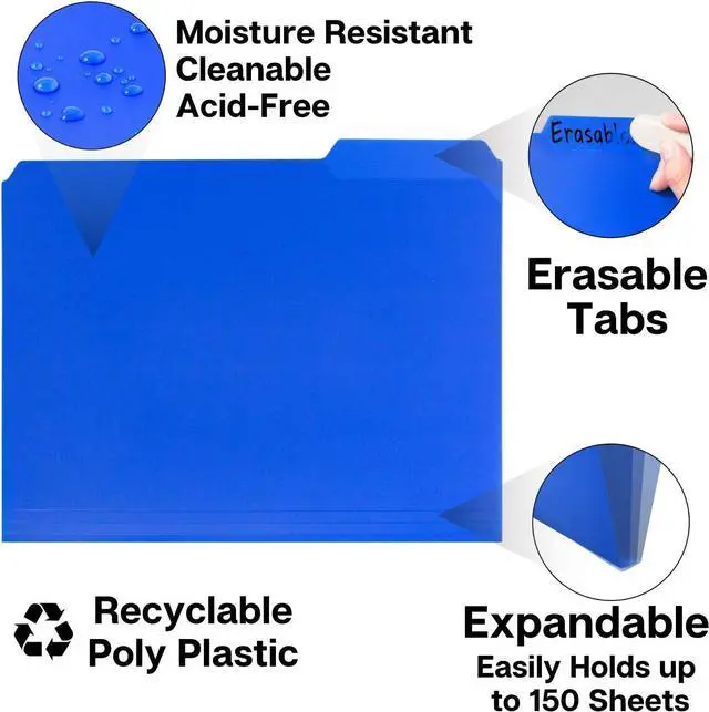 Alt view image 4 of 7 - Plastic Colored File Folders (12 Pack) 1/3 Tab Filing Folders for 8.5x11 Letter Size Documents Assorted Colors Acid-Free Poly Includes Labels