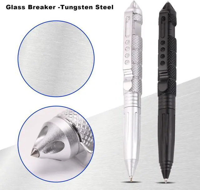 Alt view image 3 of 7 - 2 Pack Military Tactical Pen Set with 6 Black Ballpoint Refills for Writing, Made of Tungsten Steel & Aluminum (Black & Silver)