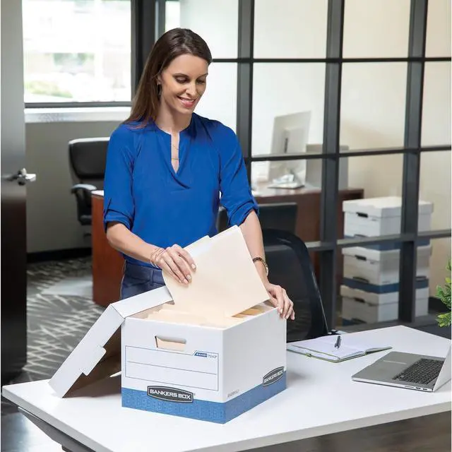 Alt view image 6 of 7 - Bankers Box 30 Pack STOR/FILE Medium-Duty File Storage Boxes, FastFold, Lift-Off Lid, Letter/Legal, White/Blue