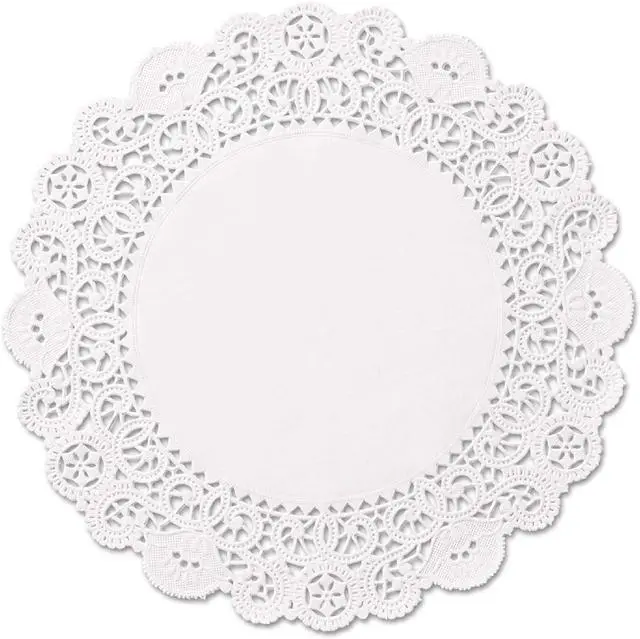 Main image of Round Paper Lace Table Doilies 12 inch White Decorative Tableware Disposable Placemats; Made in Canada (Pack of 50)