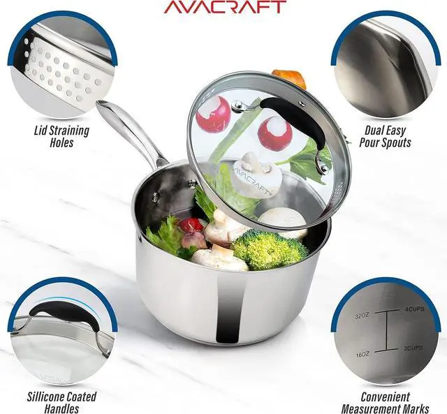 Alt view image 4 of 7 - AVACRAFT Multipurpose Sauce Pan / Pot, Stainless Steel with Glass Strainer Lid, Two Side Spouts for Easy Pour with Ergonomic Handle (Tri-Ply Capsule Bottom, 1.5 Quart)