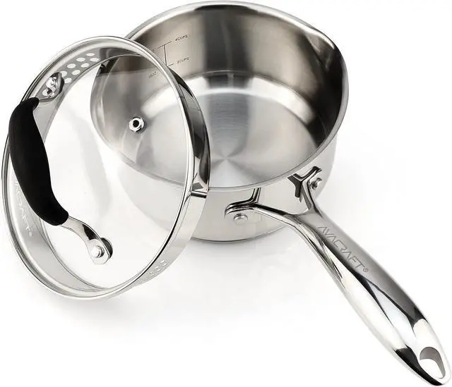 Main image of AVACRAFT Multipurpose Sauce Pan / Pot, Stainless Steel with Glass Strainer Lid, Two Side Spouts for Easy Pour with Ergonomic Handle (Tri-Ply Capsule Bottom, 1.5 Quart)