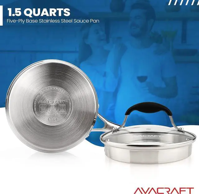 Alt view image 5 of 7 - AVACRAFT Multipurpose Sauce Pan / Pot, Stainless Steel with Glass Strainer Lid, Two Side Spouts for Easy Pour with Ergonomic Handle (Tri-Ply Capsule Bottom, 1.5 Quart)